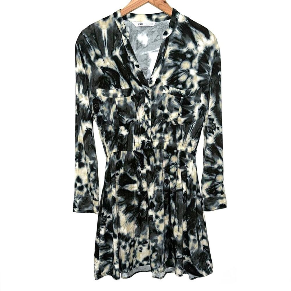 Zara Edgy Tie Dye Button Front Long Sleeve Mini Shirt Dress Size Small